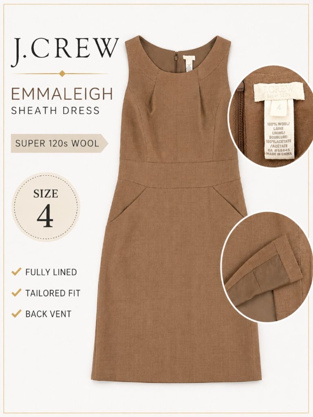 J.Crew Classic Wool Sheath Dress ✨ Camel Career Chic Size 4